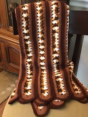 Vintage 80’s Handmade Crochet Scallop Afghan Throw  in Brown, White and Peach